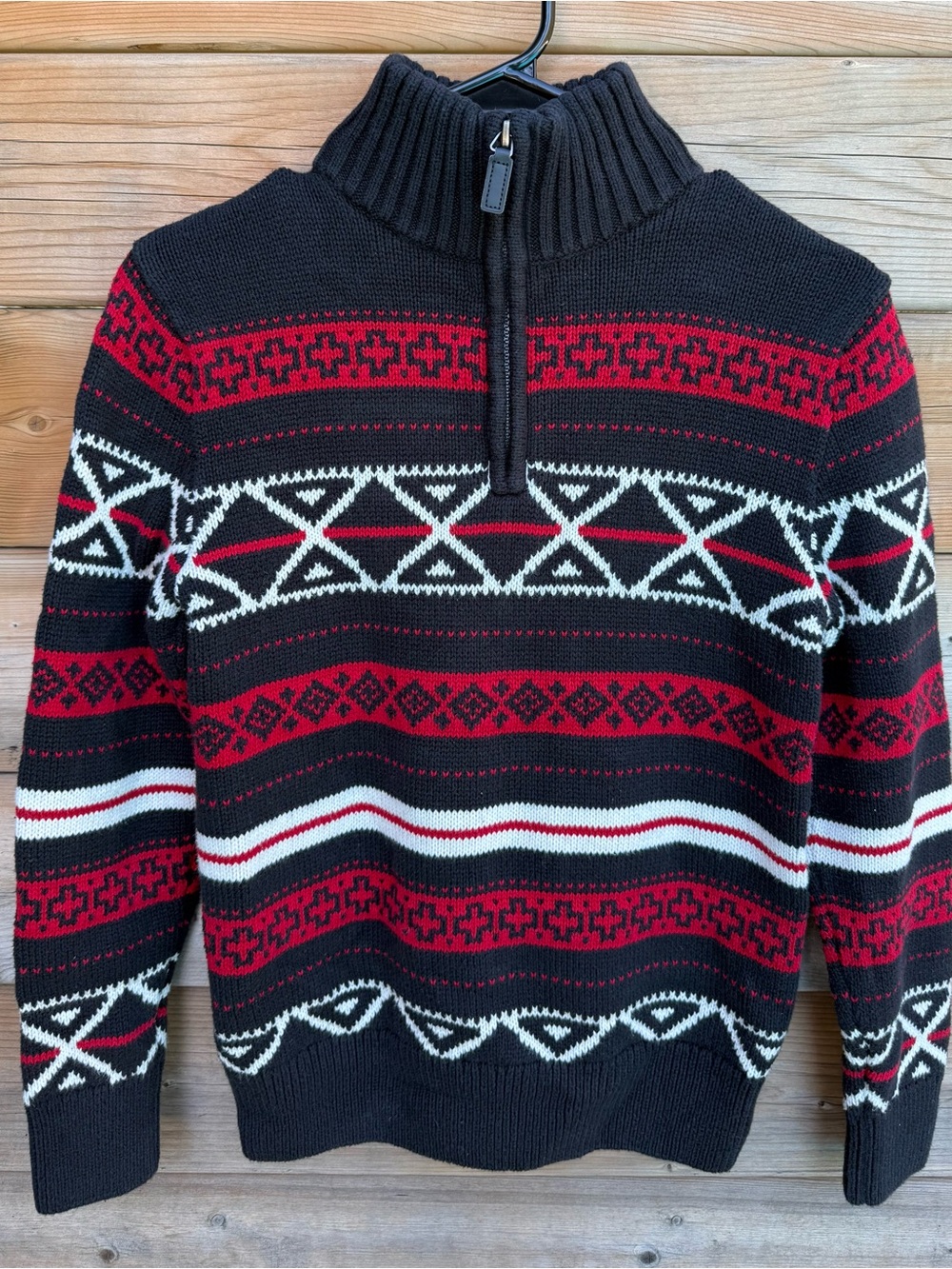Boys Chaps Black, Red & White Zip-Front Patterned Sweater
